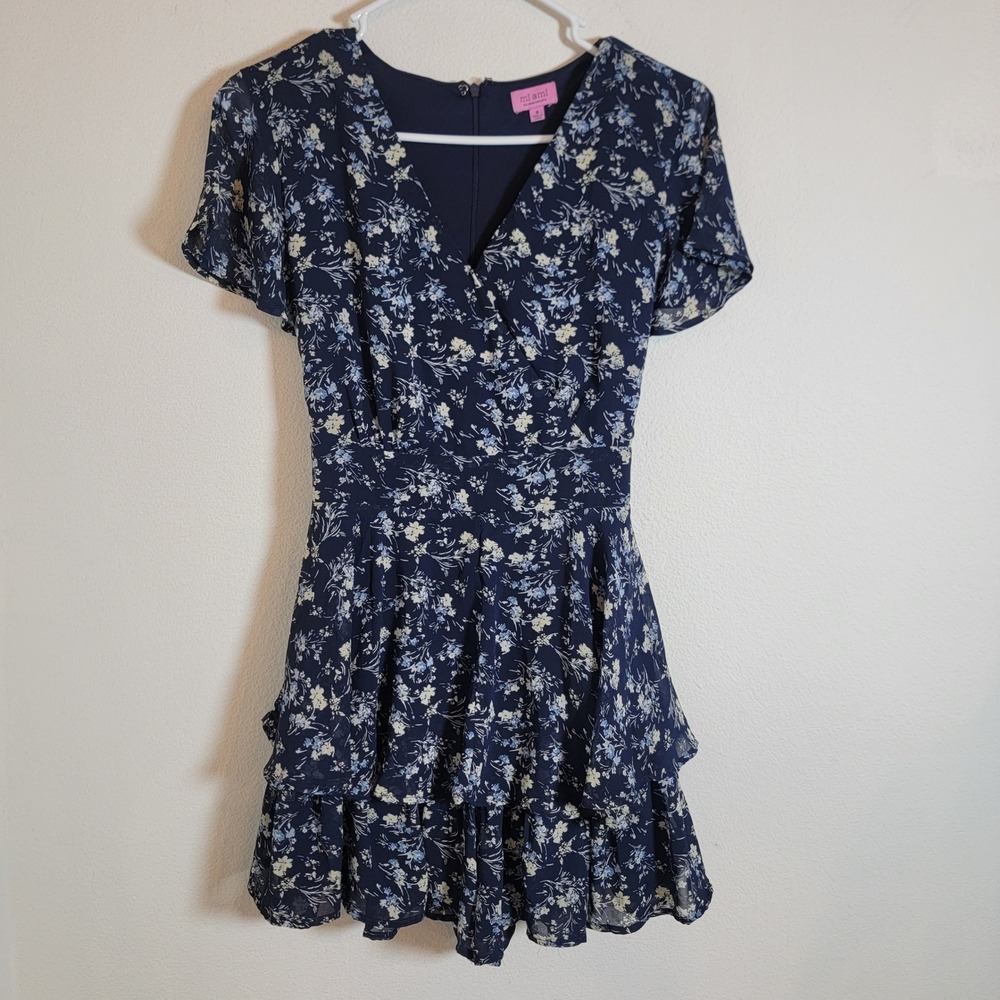 Mi Ami Francesca's Navy Ditsy Floral Tiered Ruffle Mini Romper Small V-Neck